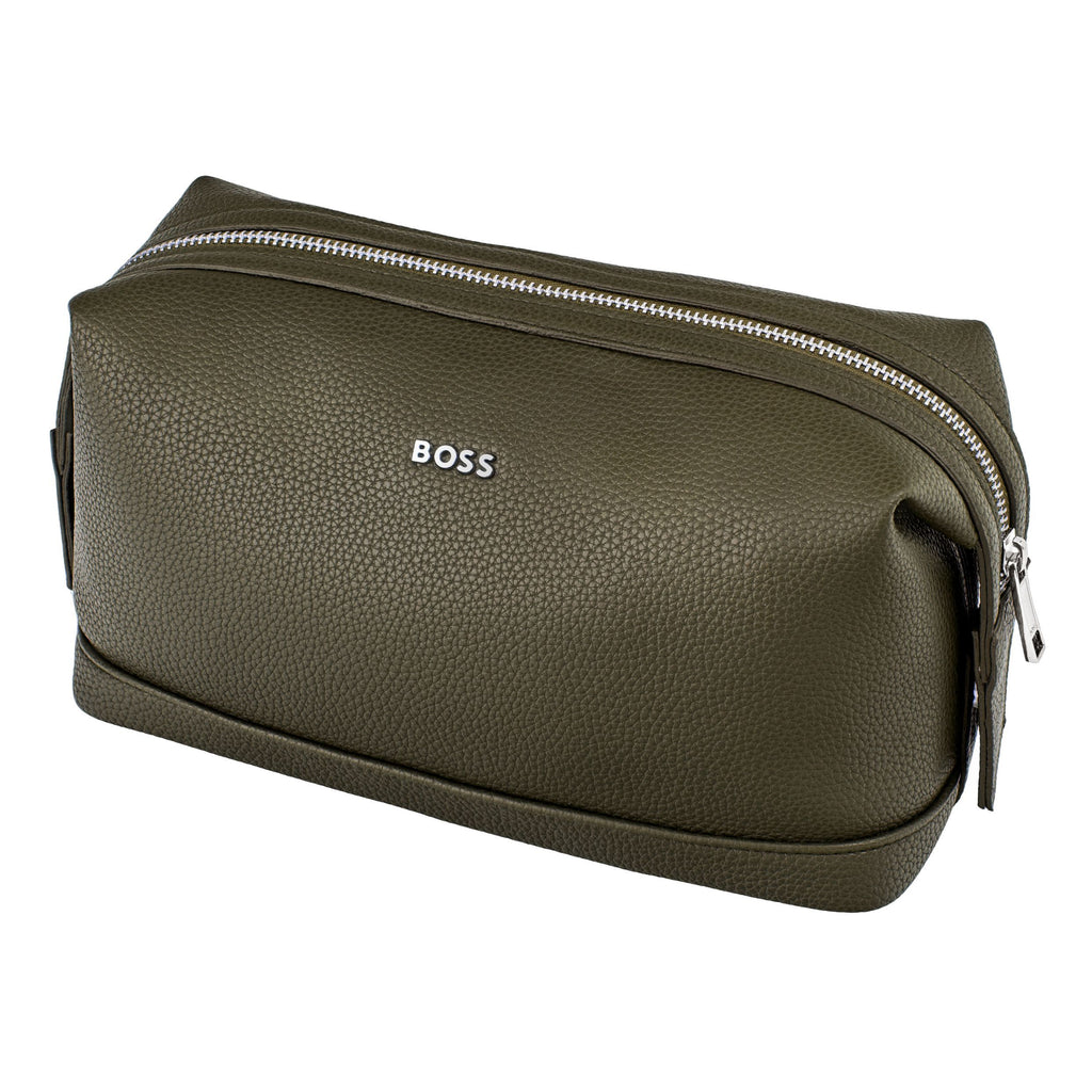 BOSS khaki toiletry bag Classic Grained with chrome metal logo & closure