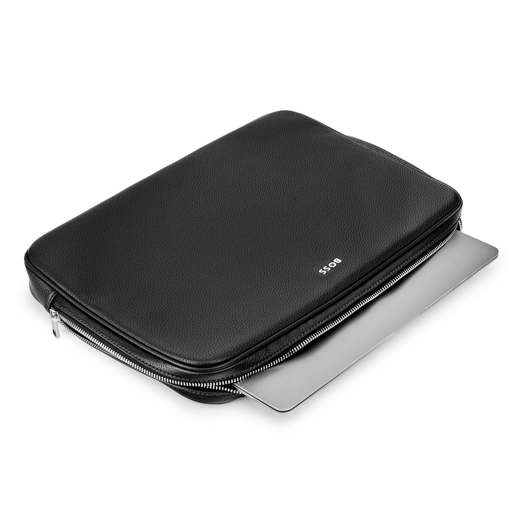 Black laptop bag & computer sleeve with BOSS silver metal plate