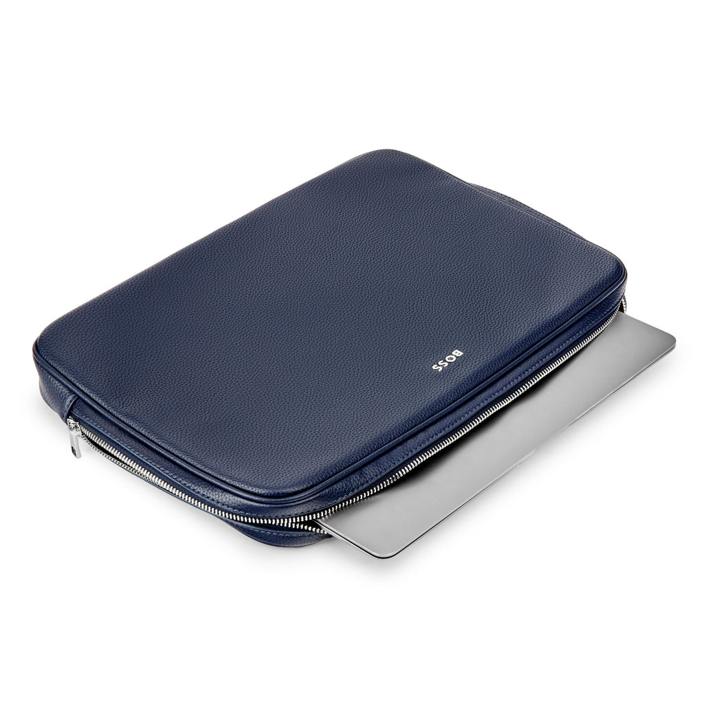 BOSS navy laptop bag with pens, cables, cards & phones compartment