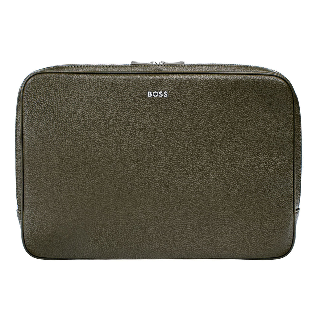 BOSS khaki laptop bag in classic grained soft leather like material 