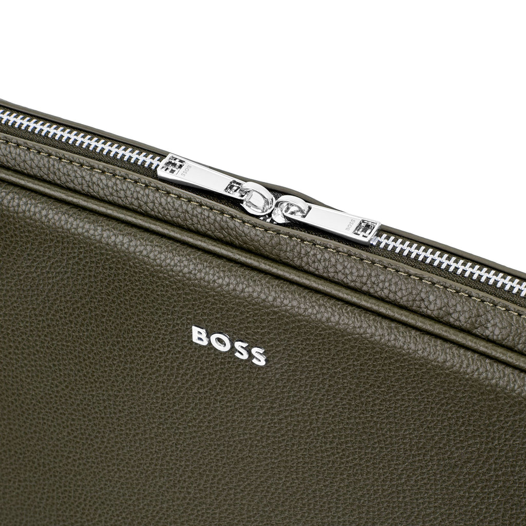 Khaki leather-like laptop bag with a zipper and 'BOSS' branding.