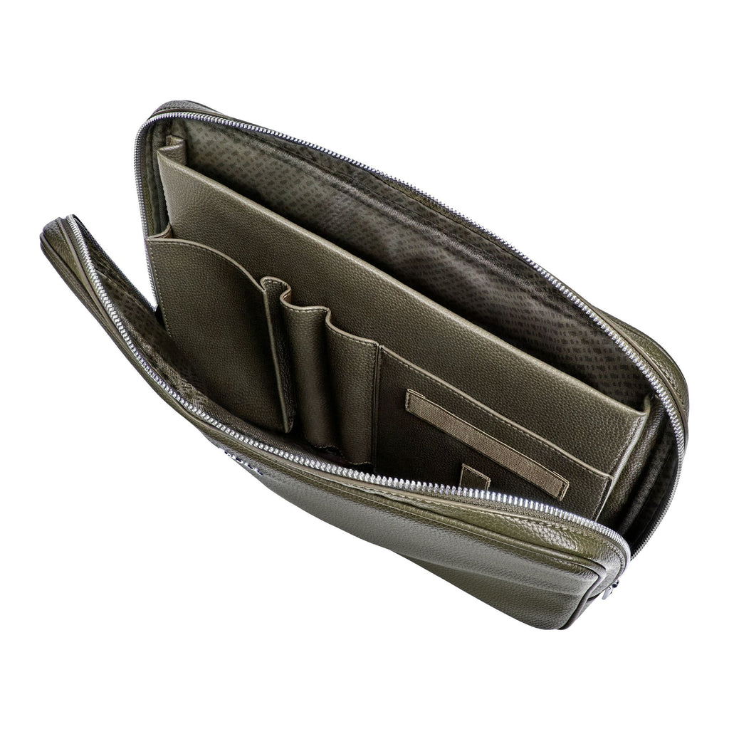 BOSS khaki laptop bag in classic grained soft leather like material 