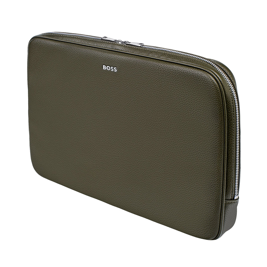 BOSS khaki laptop bag in classic grained soft leather like material 