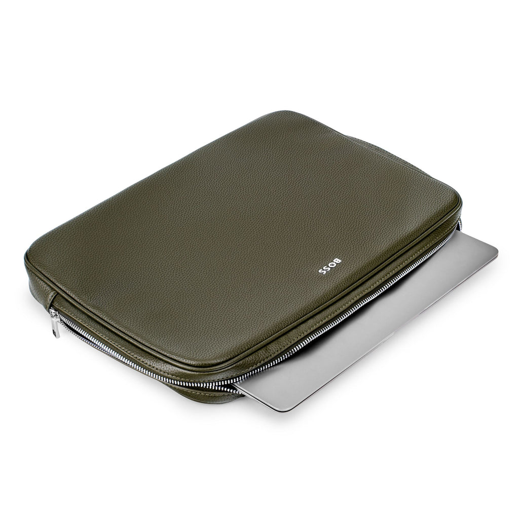 BOSS khaki laptop sleeve with a silver laptop i