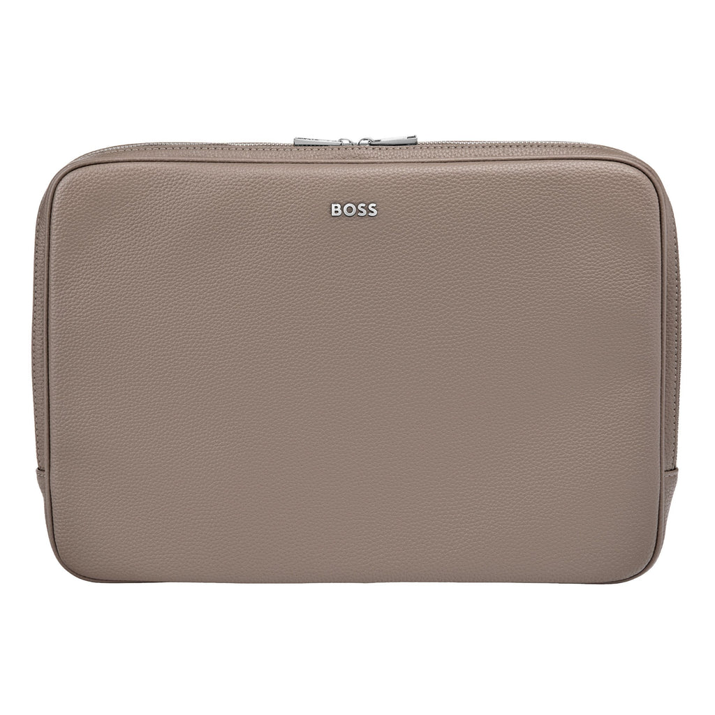  BOSS beige laptop bag in grained pattern with chrome zipper closure