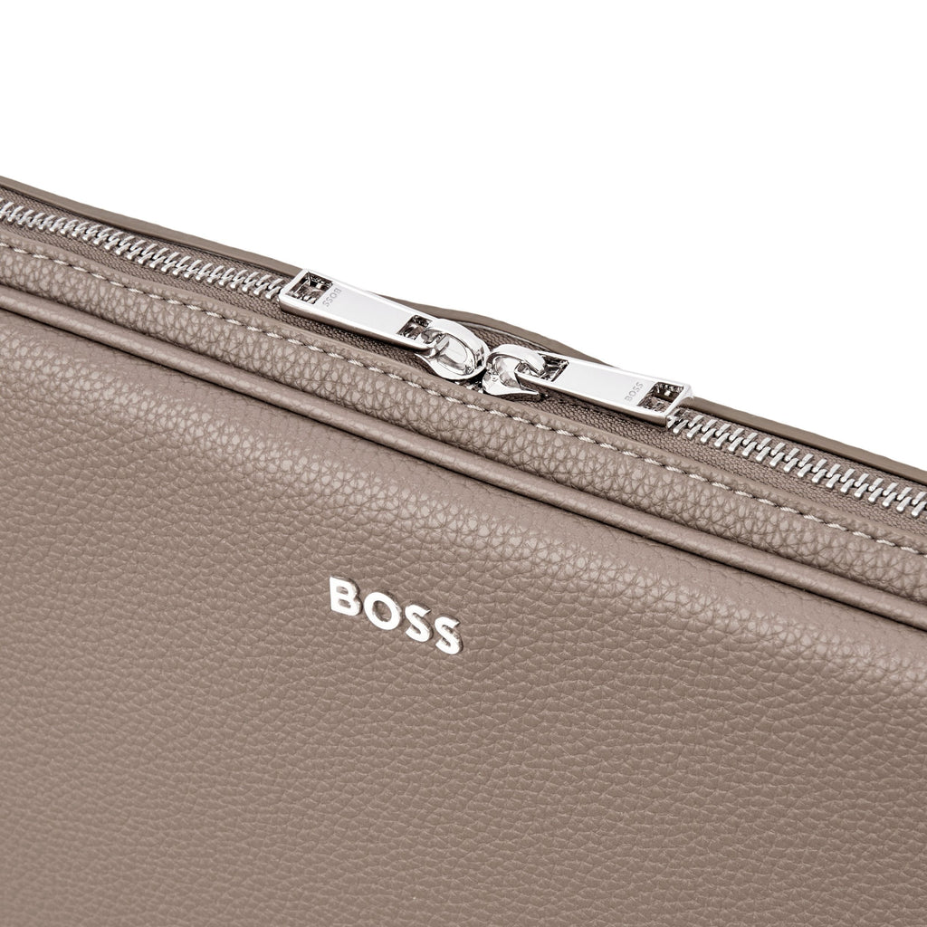  BOSS beige laptop bag in grained pattern with chrome zipper closure