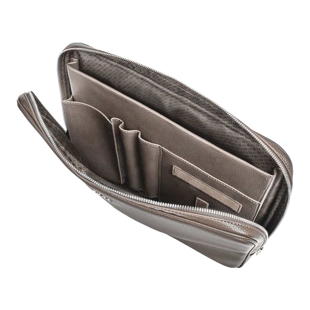  BOSS beige laptop bag in grained pattern with chrome zipper closure
