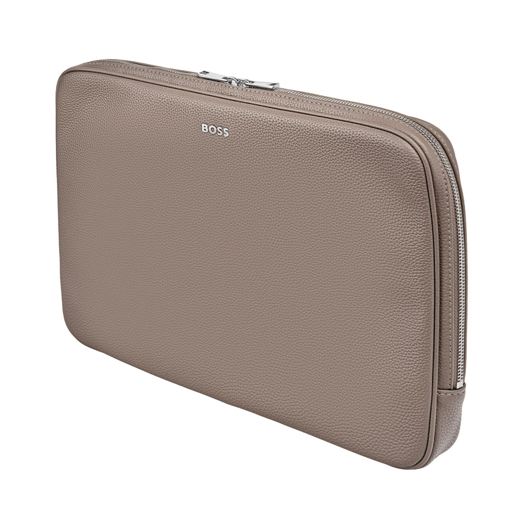  BOSS beige laptop bag in grained pattern with chrome zipper closure