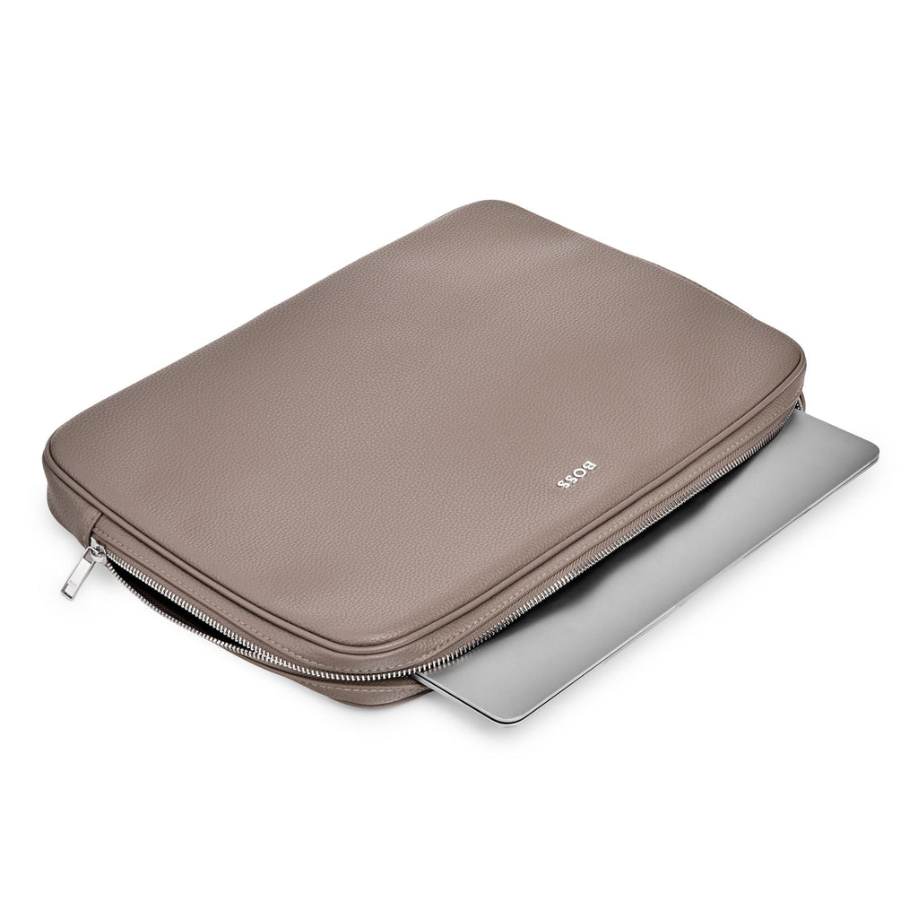  BOSS beige laptop bag in grained pattern with chrome zipper closure