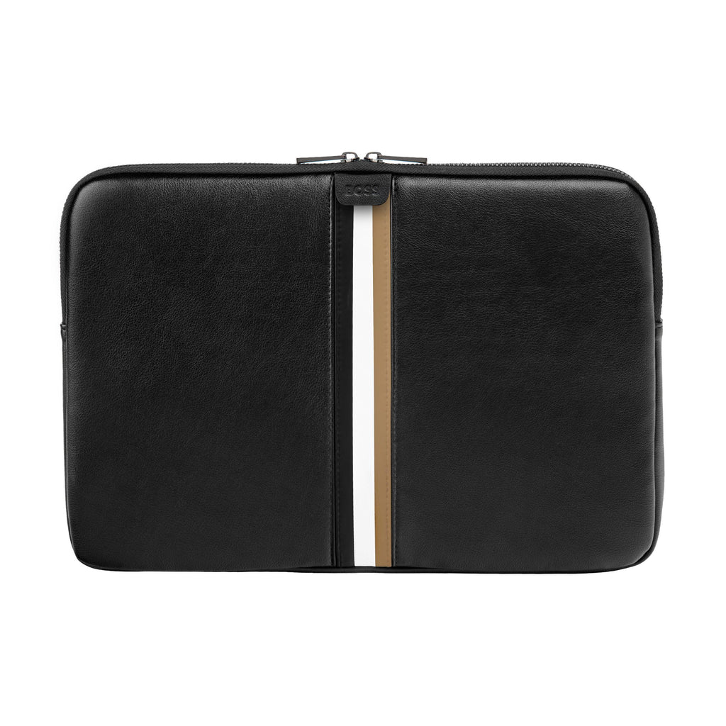 BOSS black laptop bag with iconic tri-color central printed stripe