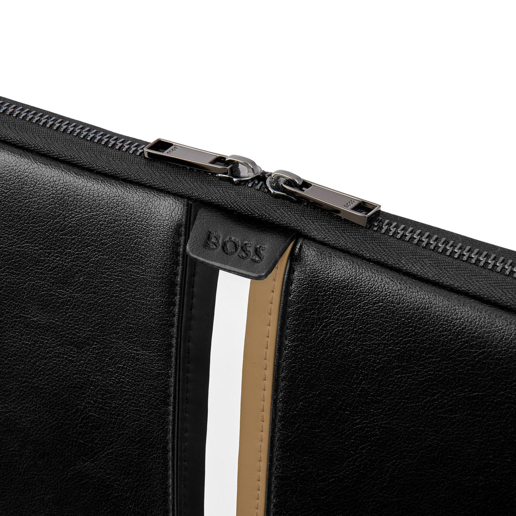 BOSS black laptop bag with iconic tri-color central printed stripe