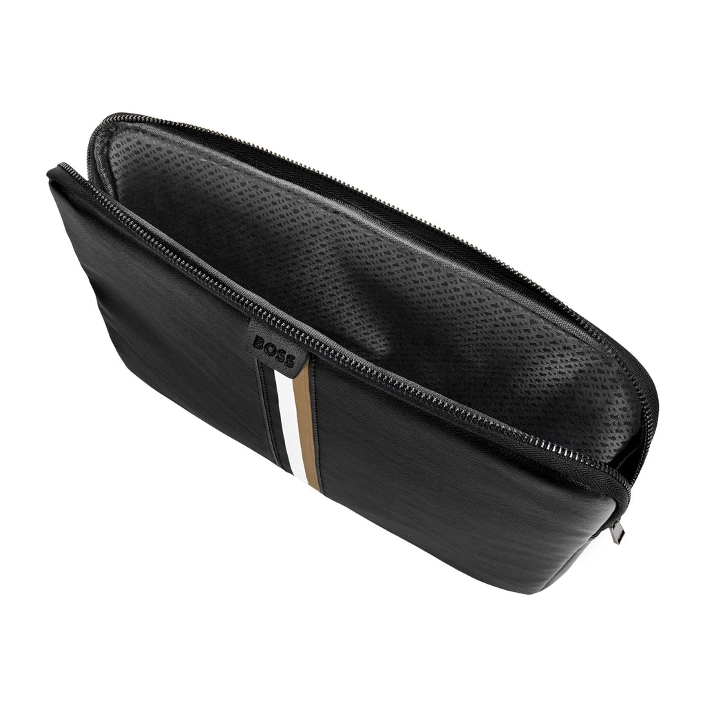 BOSS black laptop bag with iconic tri-color central printed stripe