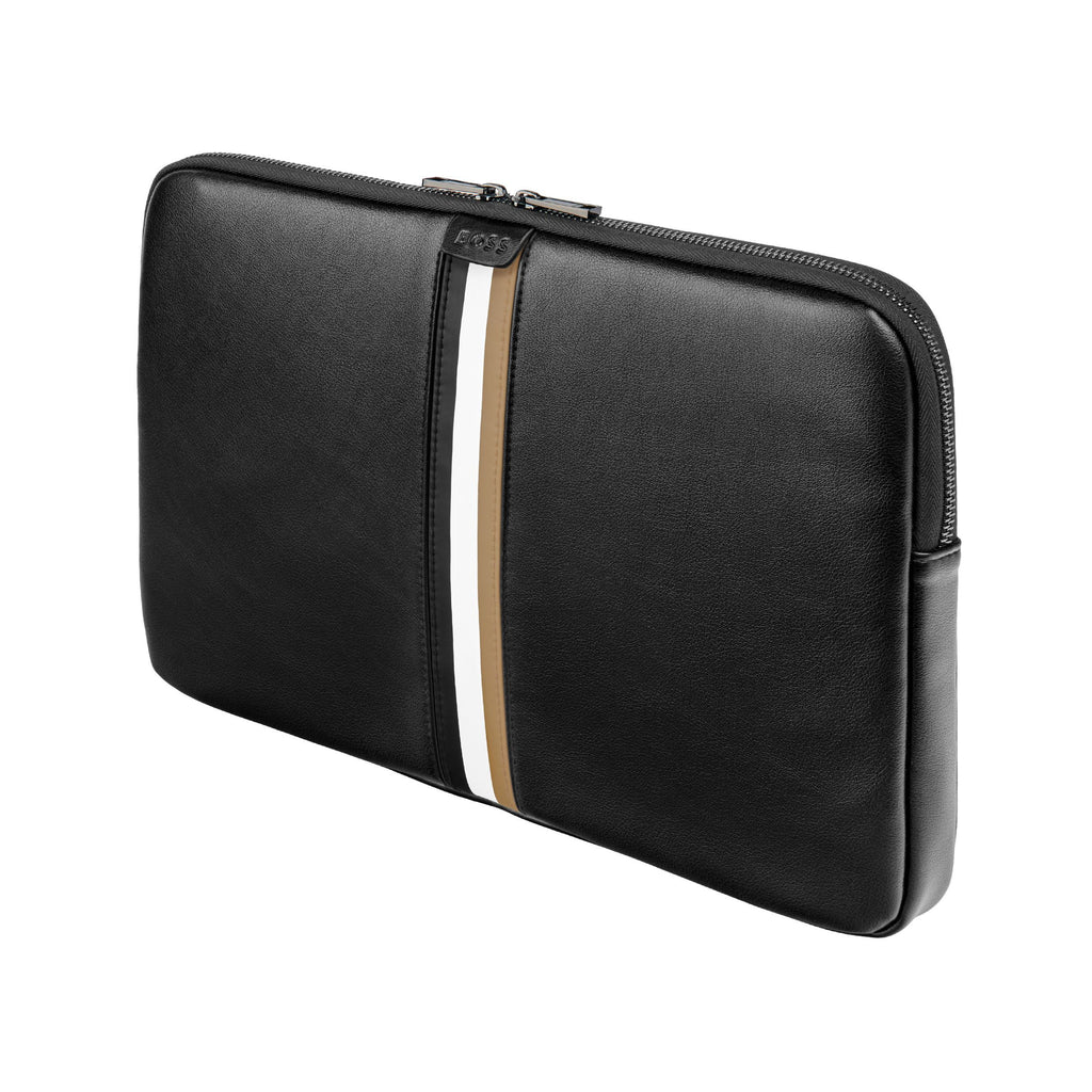 BOSS black laptop bag with iconic tri-color central printed stripe