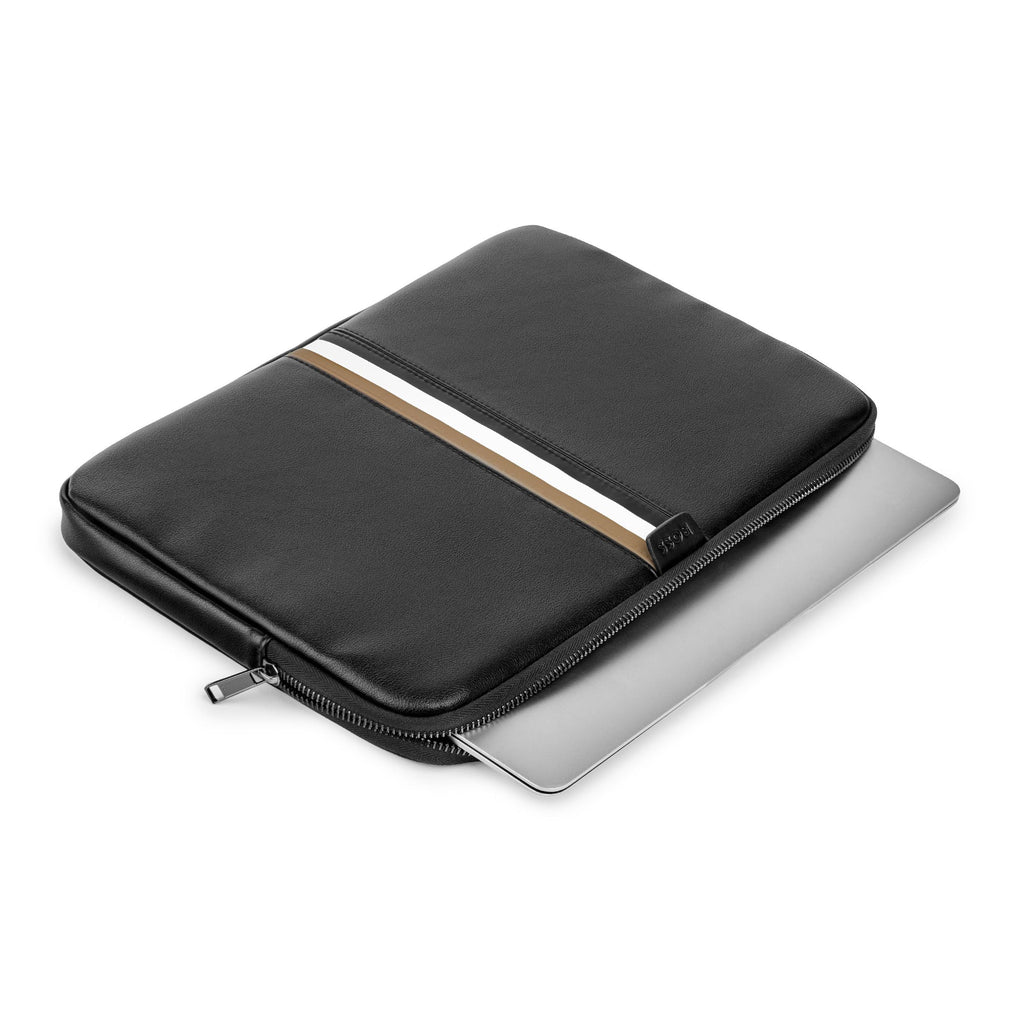 BOSS black laptop bag with iconic tri-color central printed stripe
