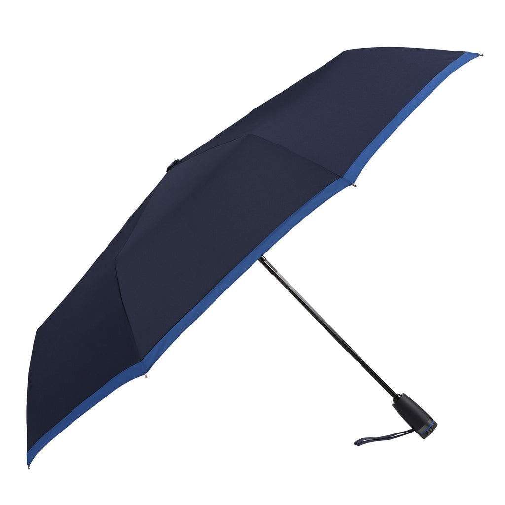 BOSS navy umbrella with blue trim on a white background