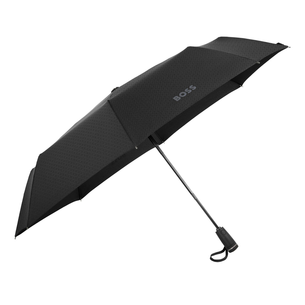 HUGO BOSS black pocket umbrella with Double B gun-metal plated logo