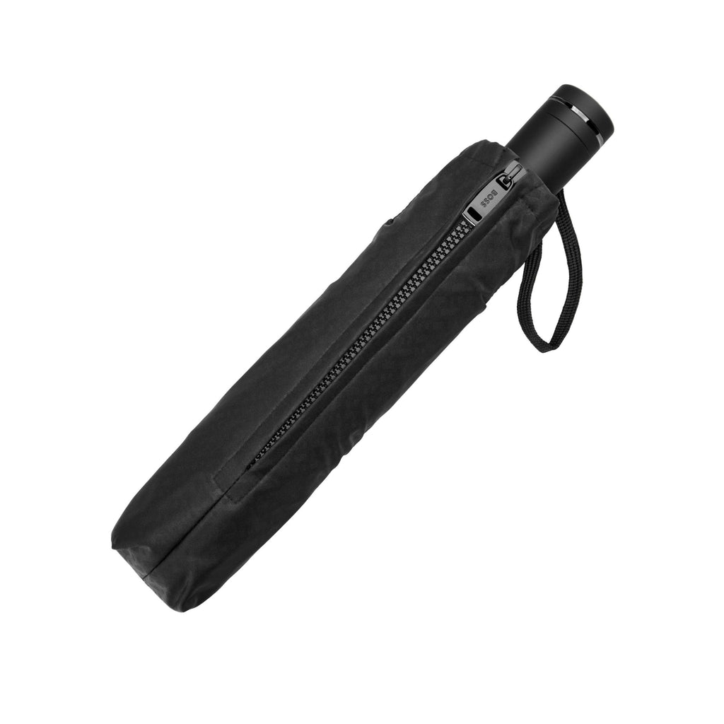 BOSS black umbrella with a zipper on a white background