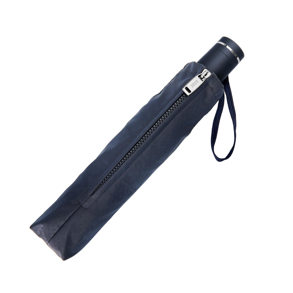 BOSS navy blue umbrella with a zipper on a white background