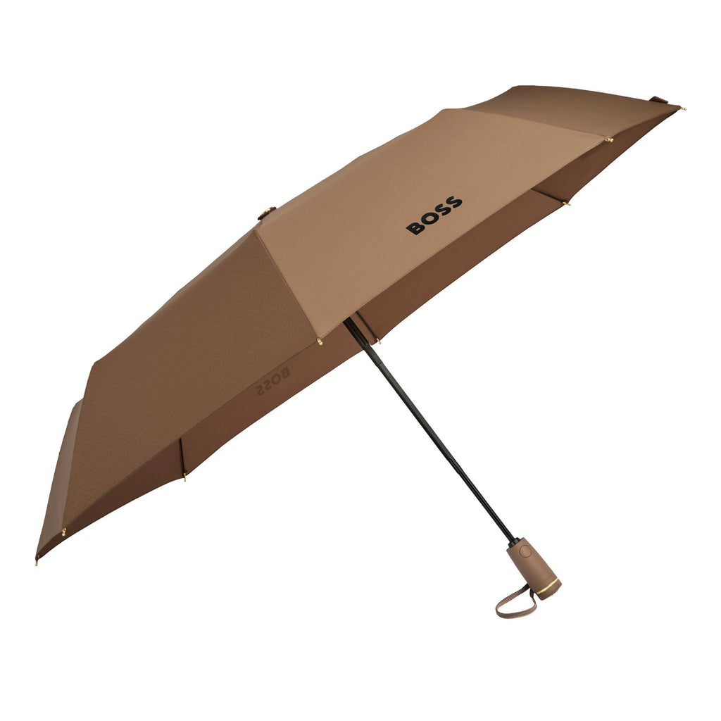 HUGO BOSS camel color pocket umbrella with gold-plated Double B logo