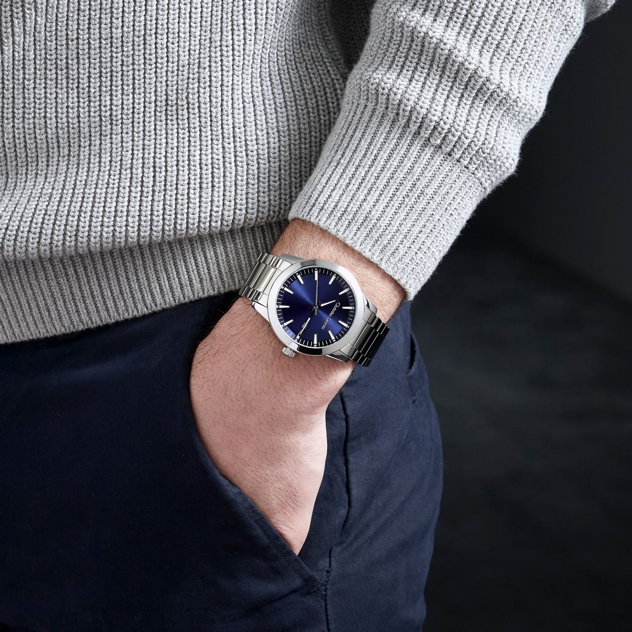 Designer steel watches CHRISTIAN LACROIX Chrome/Navy Date watch