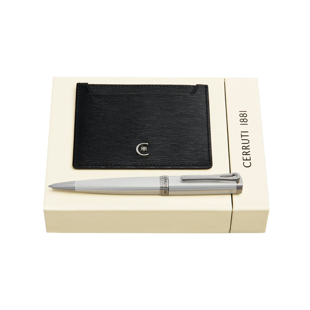 Set with CERRUTI 1881 chrome-plated ballpoint pen & black card holder