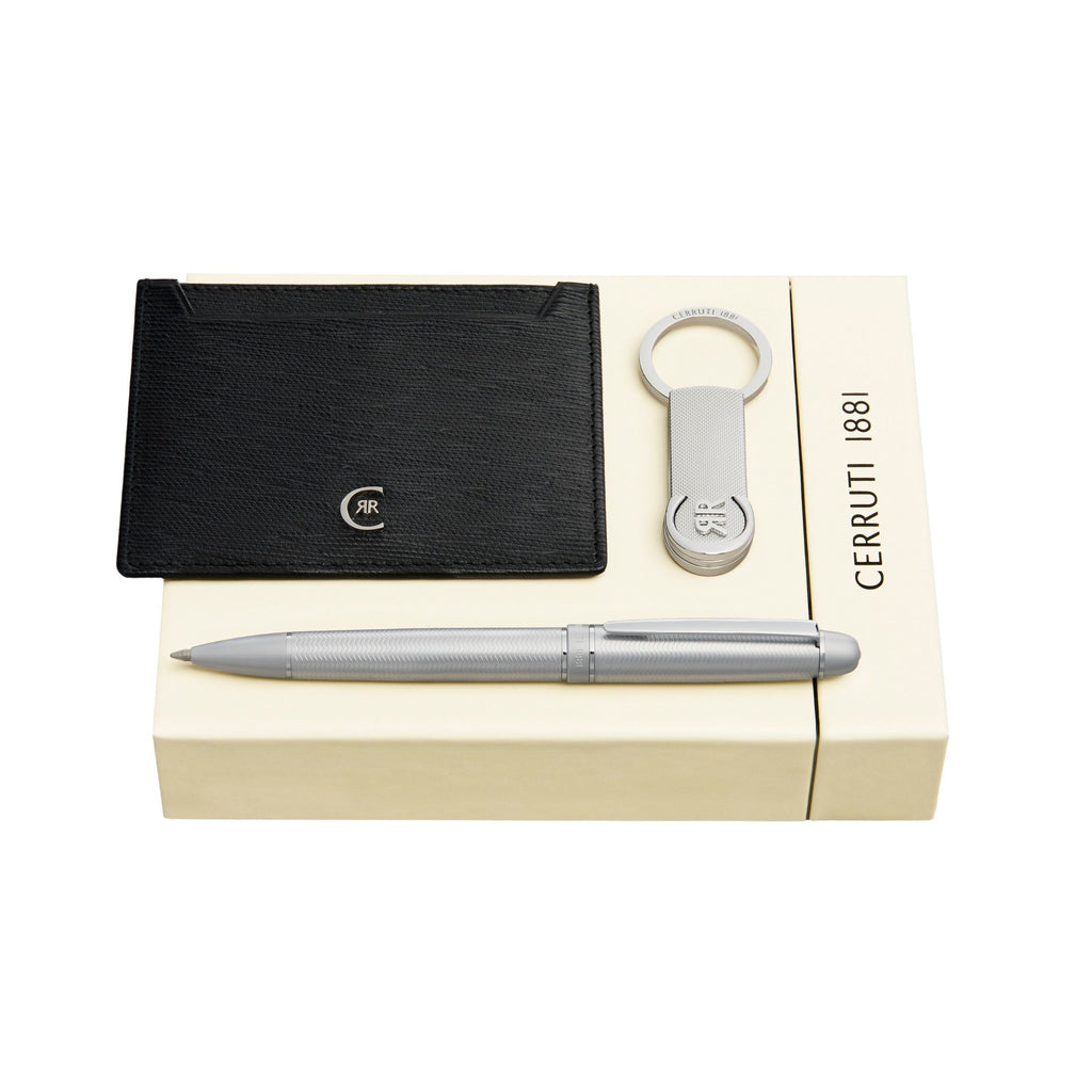 Set with CERRUTI 1881 chrome ballpoint pen, key ring & black card holder