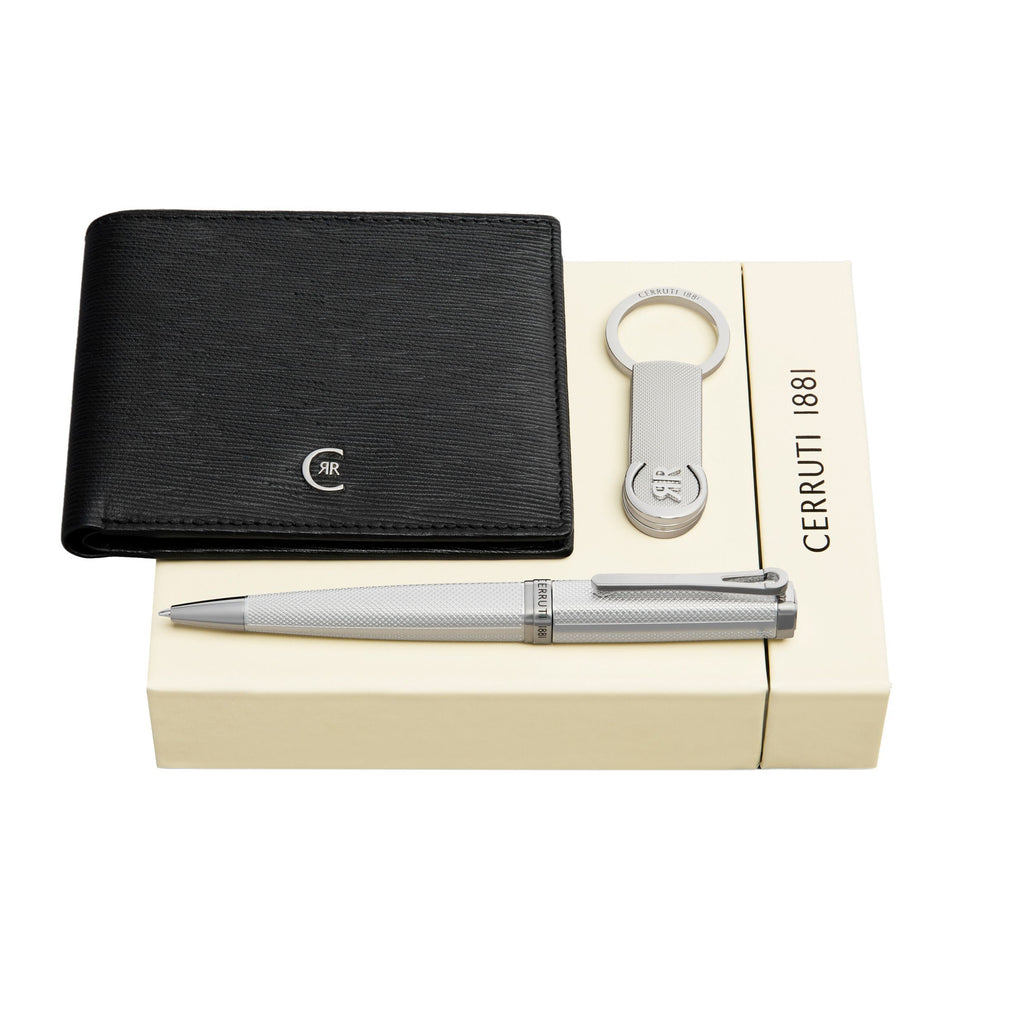 Set with CERRUTI 1881 chrome-plated ballpoint pen, key ring & black wallet