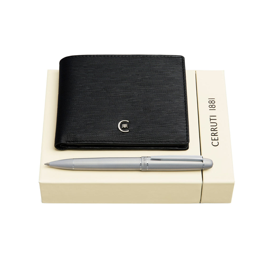 Set CERRUTI 1881 chrome-plated ballpoint pen & black leather money wallet