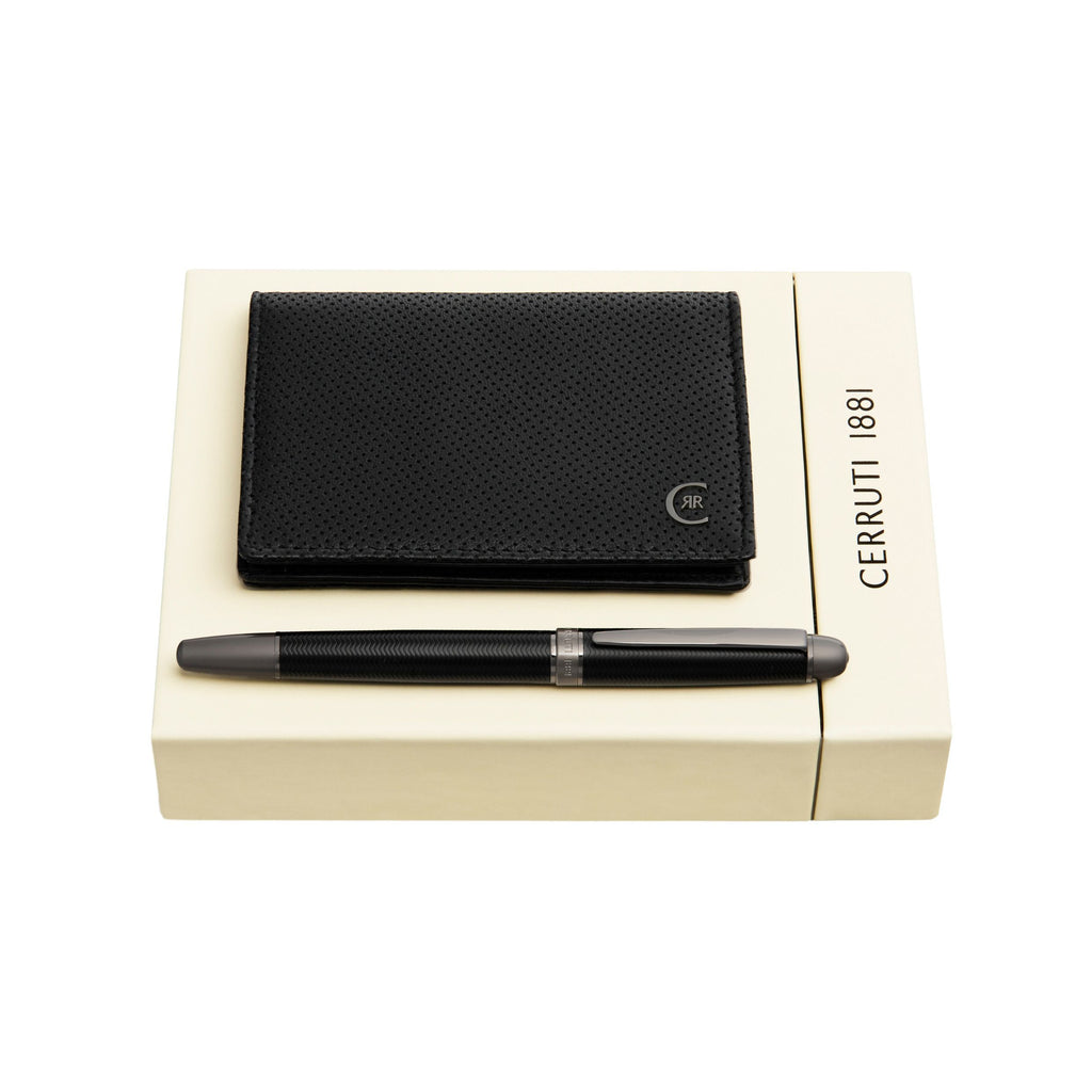 Set with CERRUTI 1881 black lacquer rollerball pen & bifold card holder