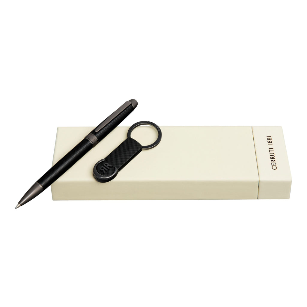 Set CERRUTI 1881 black-plated ballpoint pen & key ring with CRR logo