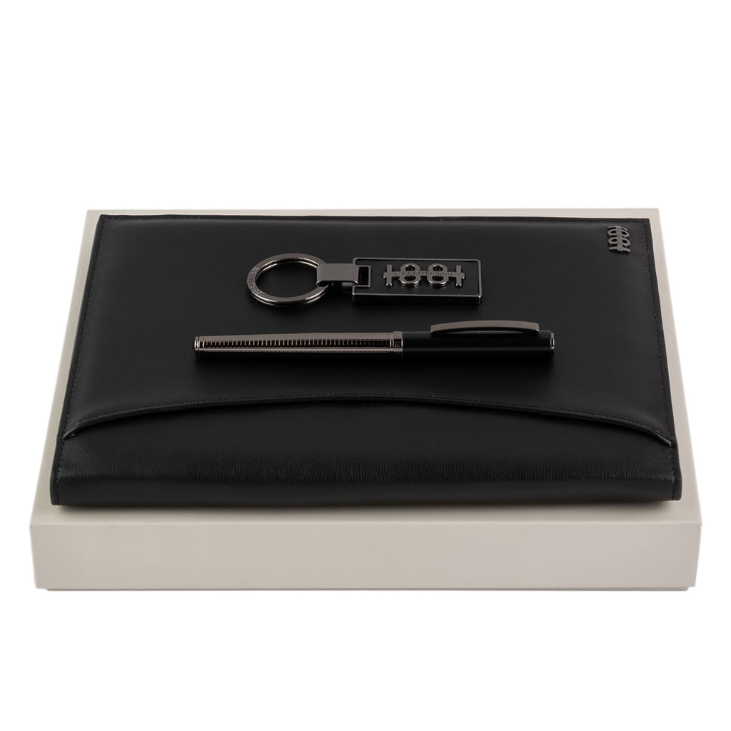 Chic set CERRUTI 1881 Black rollerball pen, A5 folder & key ring Irving