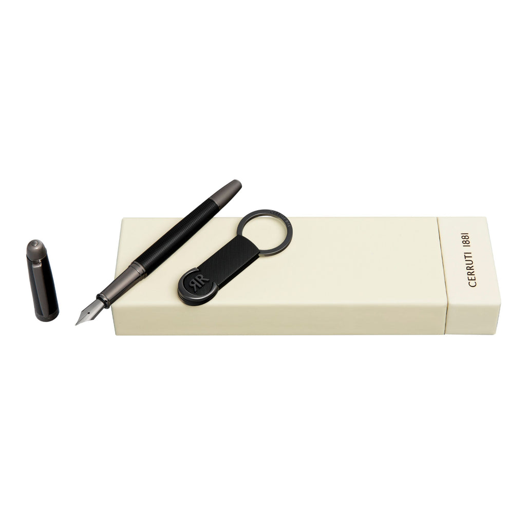 Set with CERRUTI 1881 black-lacquered fountin pen & gun-plated key ring