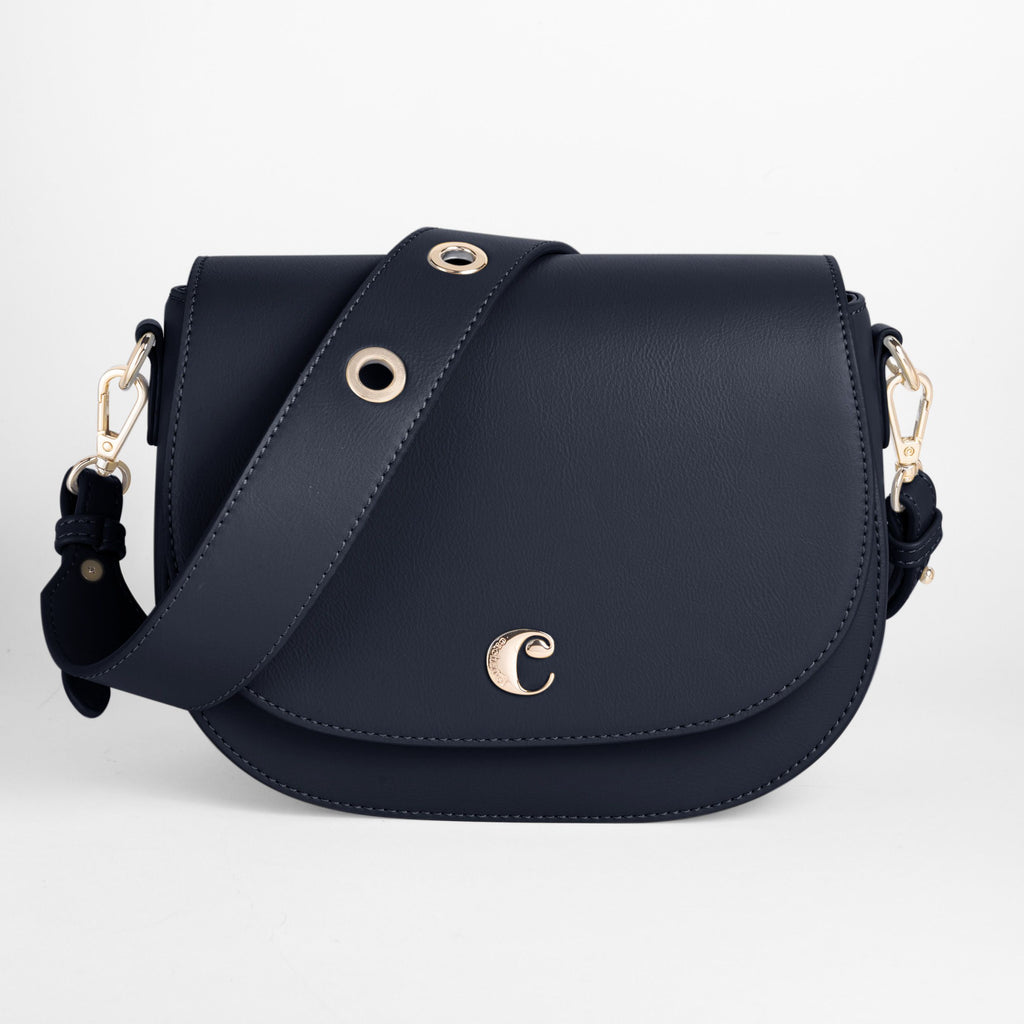 Cacharel Navy Blue Lady bag Albane with C gold metal logo
