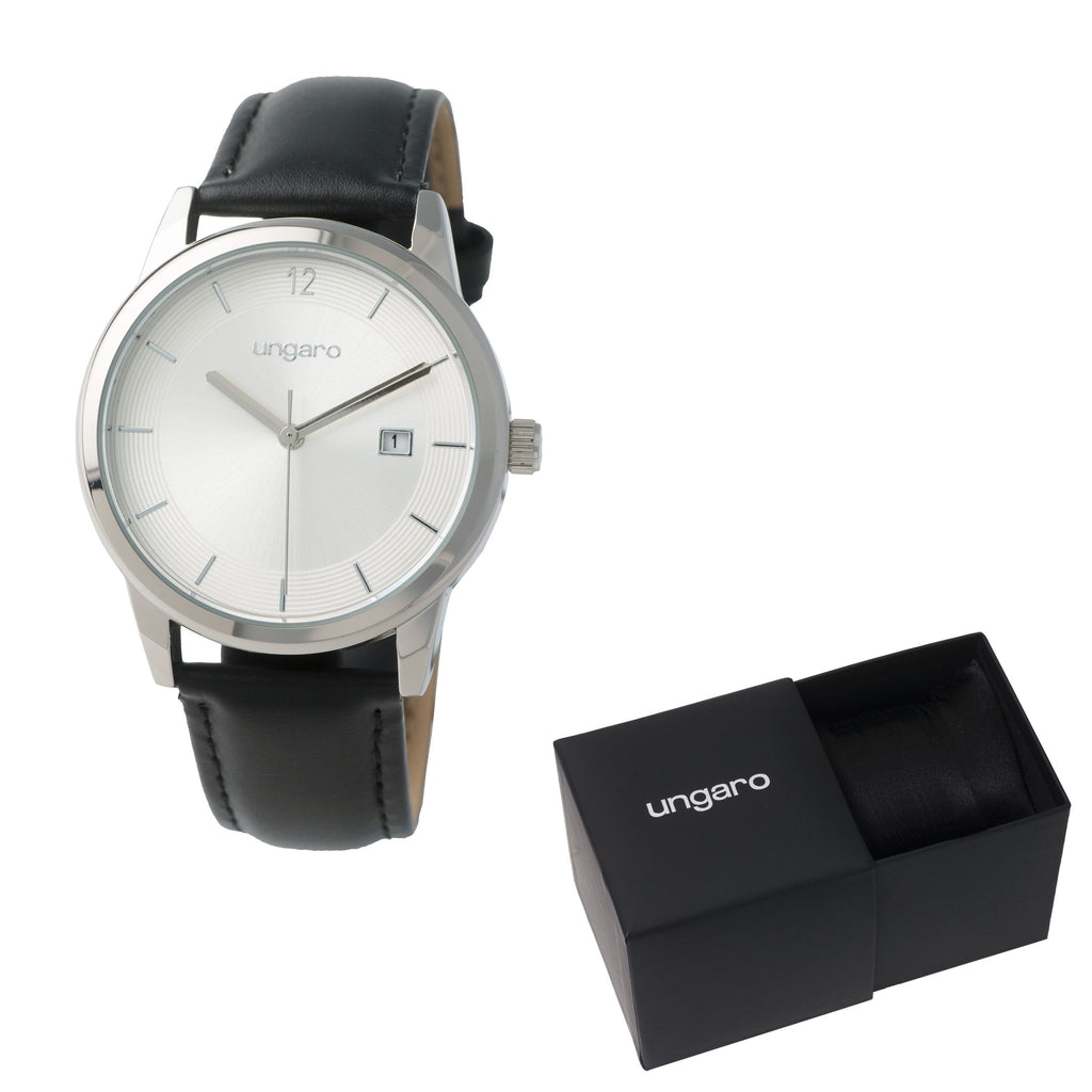  Luxury gift for him Ungaro date watch Elio in black leather strap