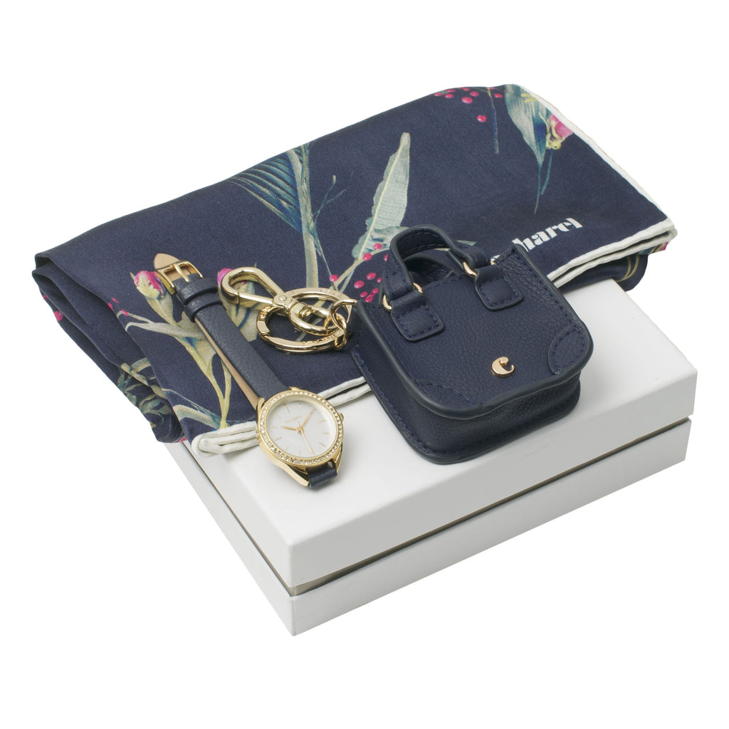 Cacharel Gift Set for HER | Navy | Key Ring, Watch and Silk Scarf 