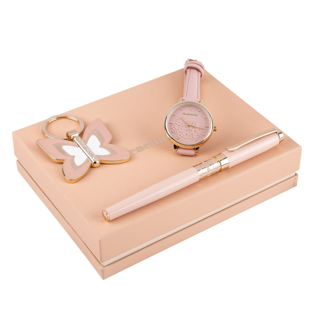  Ladies' gift sets Cacharel pink Rollerball pen, Key ring & watches