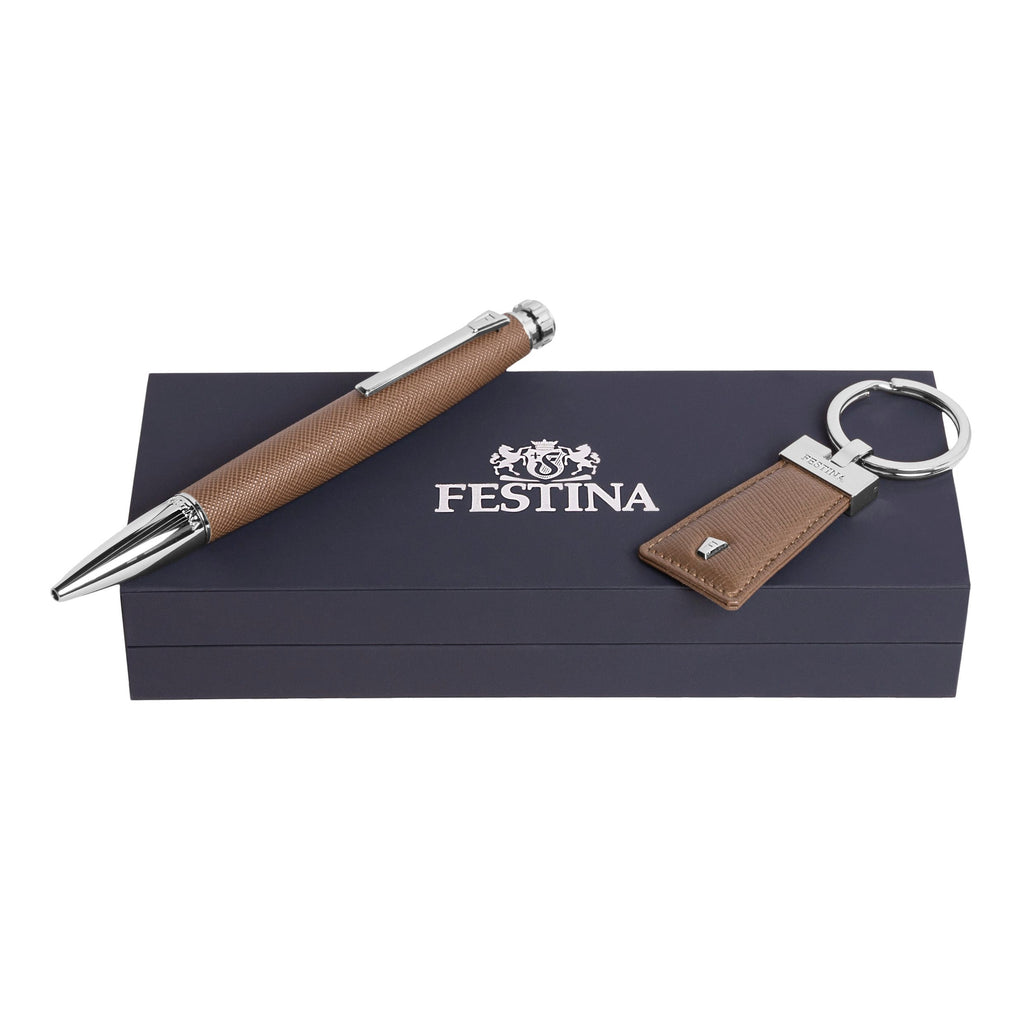  Business gift set Chronobike Festina Ballpoint pen & Key ring in camel