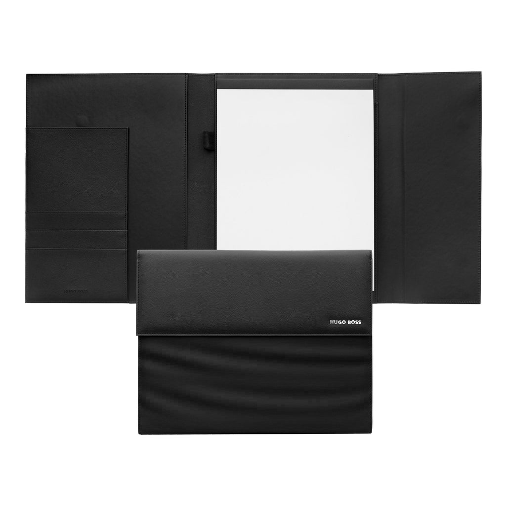  HUGO BOSS A4 Folder Pinstripe Black with Chrome Signature Plate