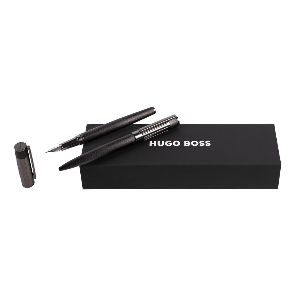  Elegant pen set Hugo Boss Black Ballpoint & Fountain pen Gear Ribs 