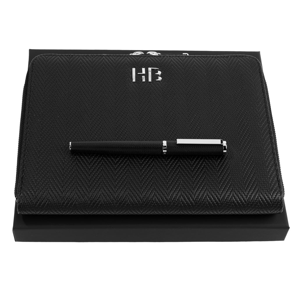  HUGO BOSS black set Herringbone | Rollerball pen & Conference folder