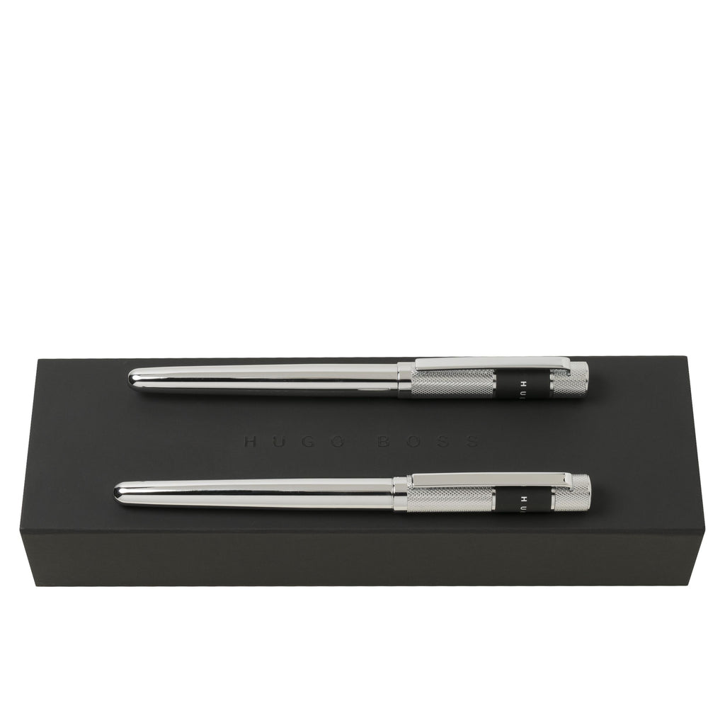  Elegant pen set HUGO BOSS Chrome Rollerball pen & Fountain pen Ribbon