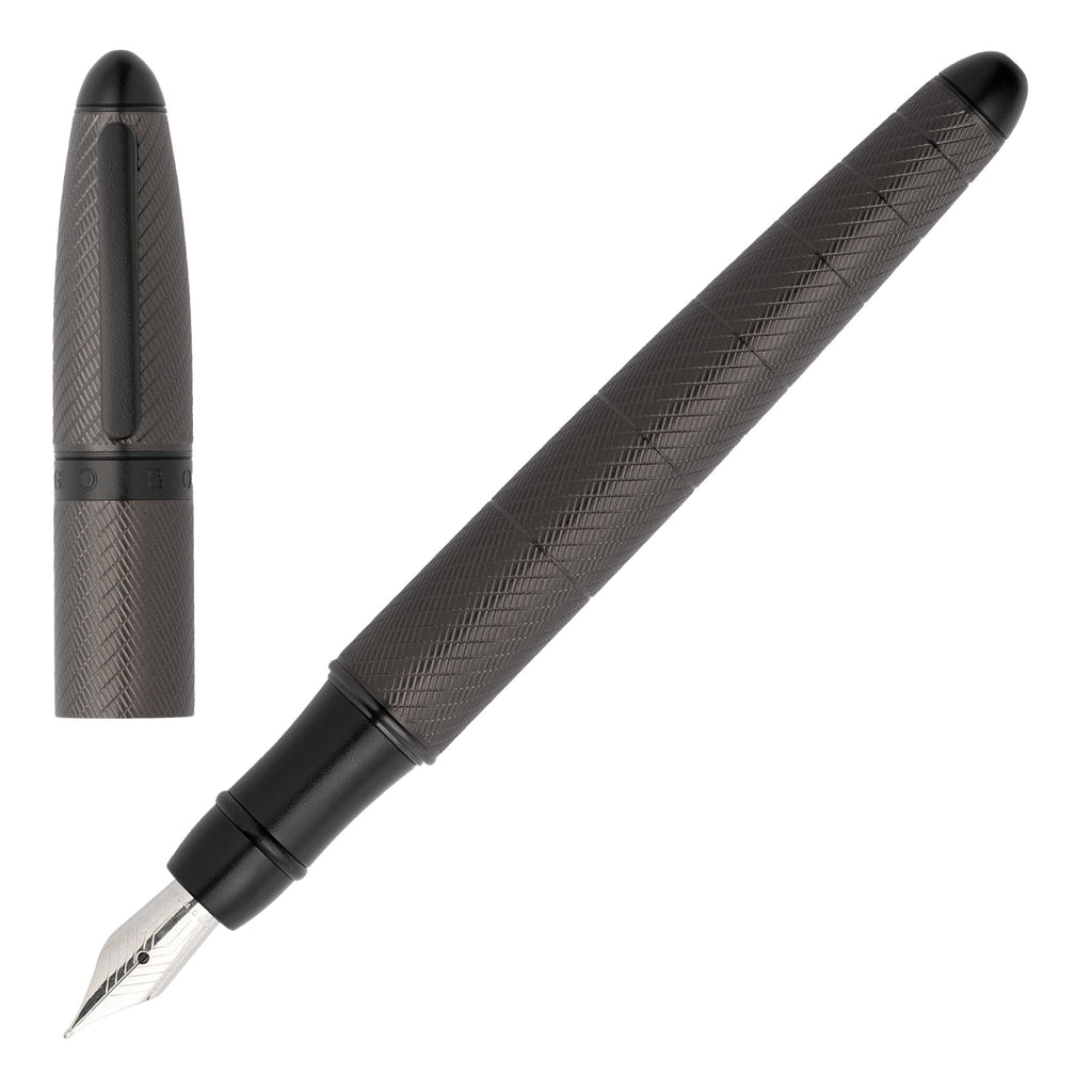 HUGO BOSS Fountain pen in gun color Oval with dark chrome engraving