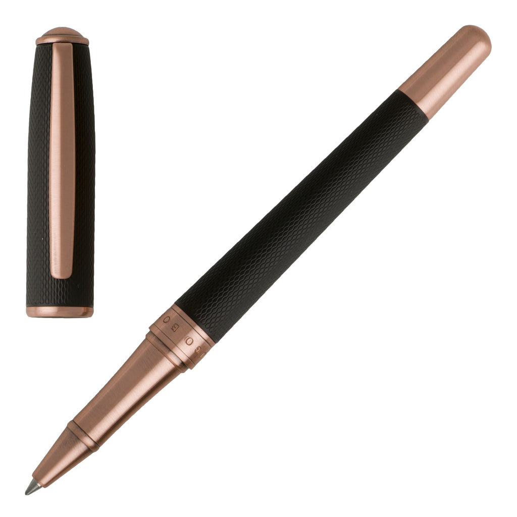  HUGO BOSS Rose Gold Rollerball pen Essential with Black texture plated