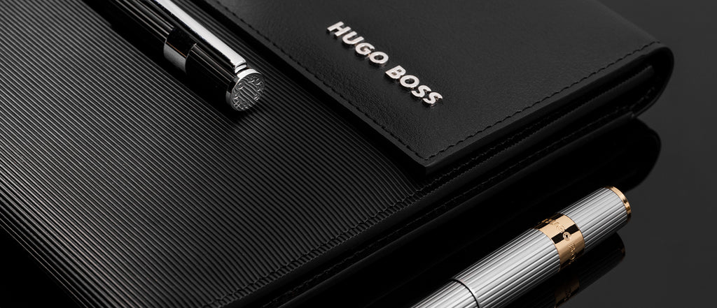HUGO BOSS A4 Folder Pinstripe Black with Chrome Signature Plate