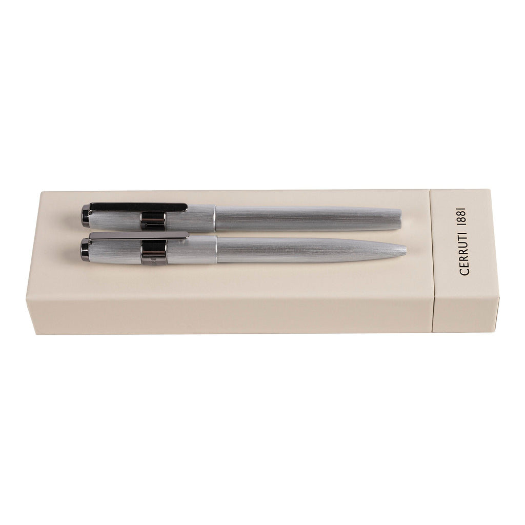  Pen set BLOCK Cerruti 1881 chrome brushed Ballpoint & Rollerball pen