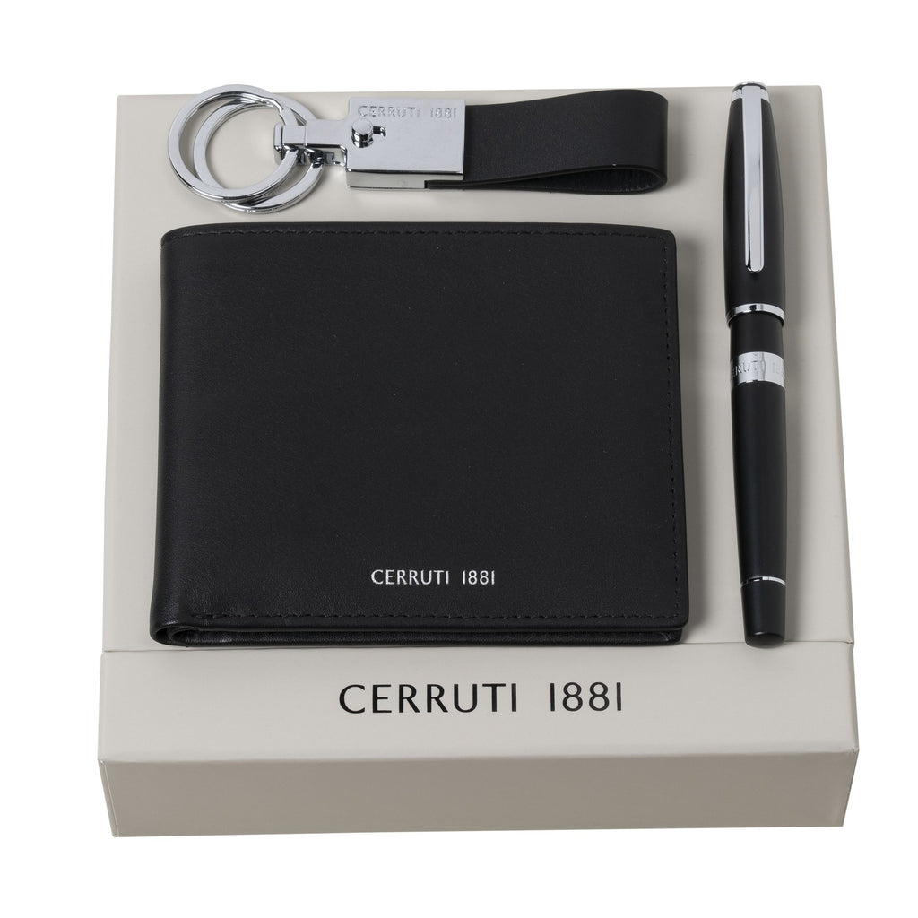 Business gift set CERRUTI 1881 black rollerball pen, key ring & wallet