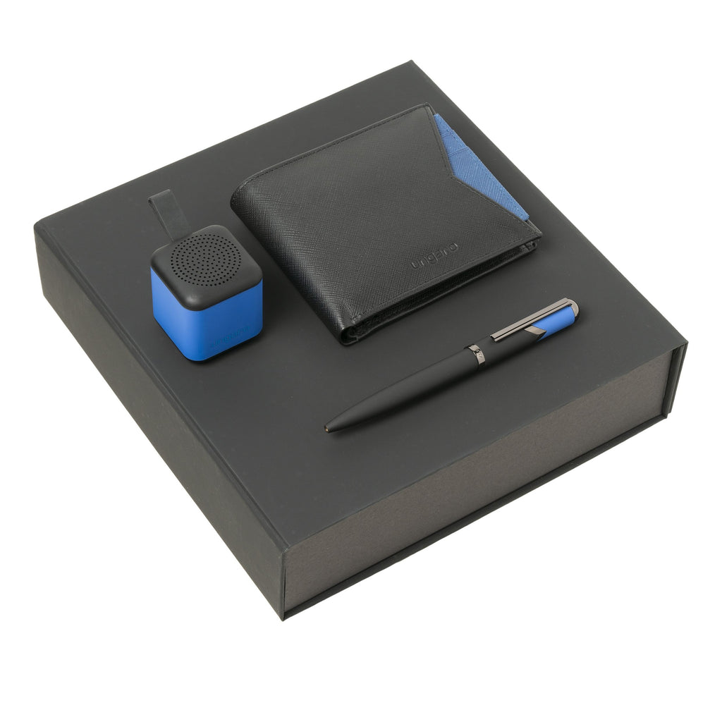 Premium gift set Ungaro blue ballpoint pen, wallet & speaker Cosmo